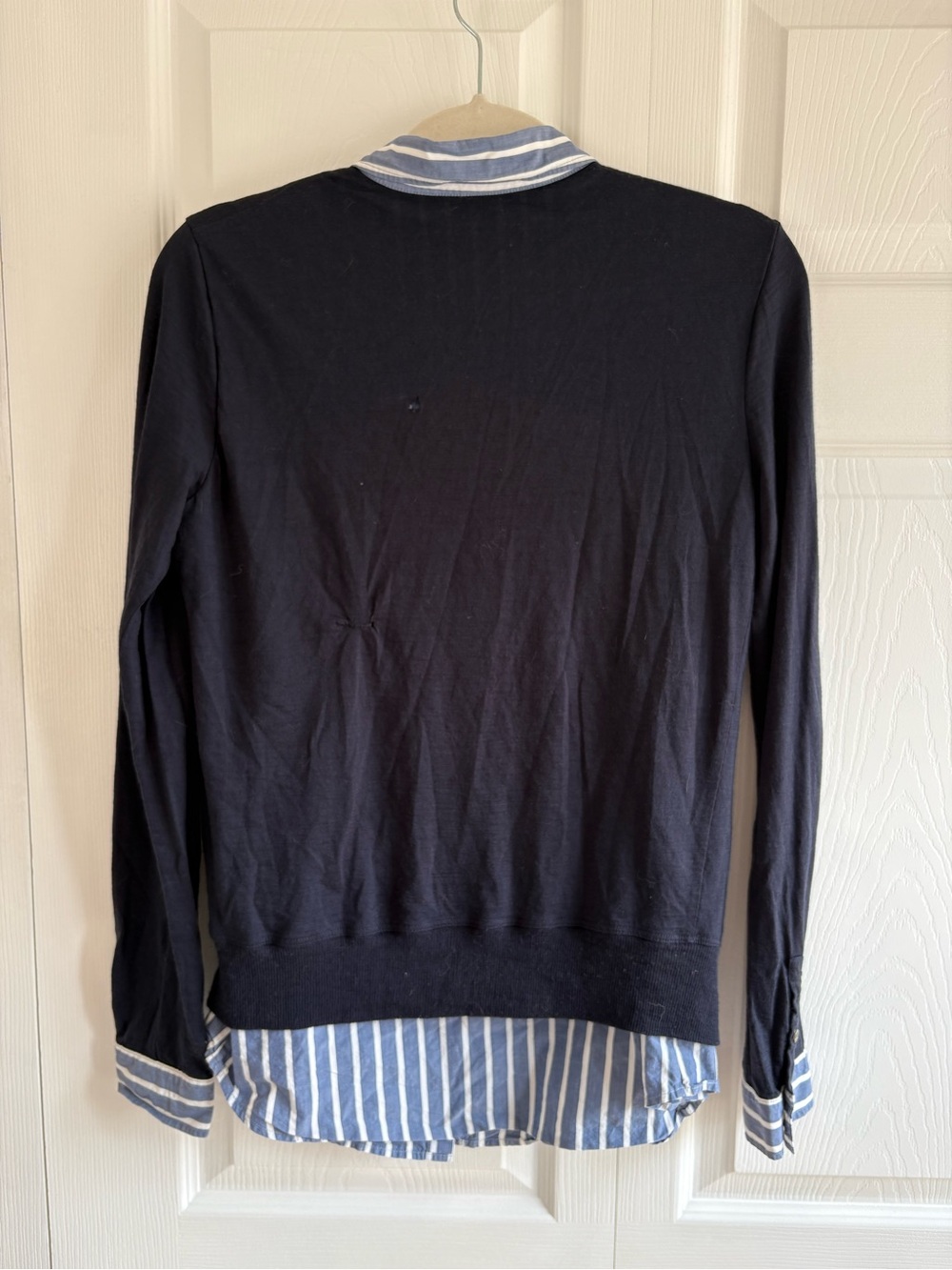 Flaw Theory Layered Navy Wool Cardigan White Striped Shirt Set M Academia Career - Picture 5 of 9